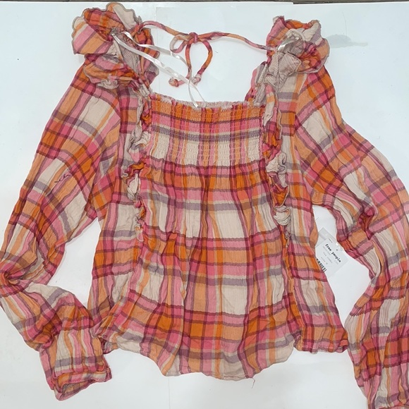 Free People NEW Colorful Paid Pull Over Ruffle Long Sleeve Size Medium - Picture 3 of 7